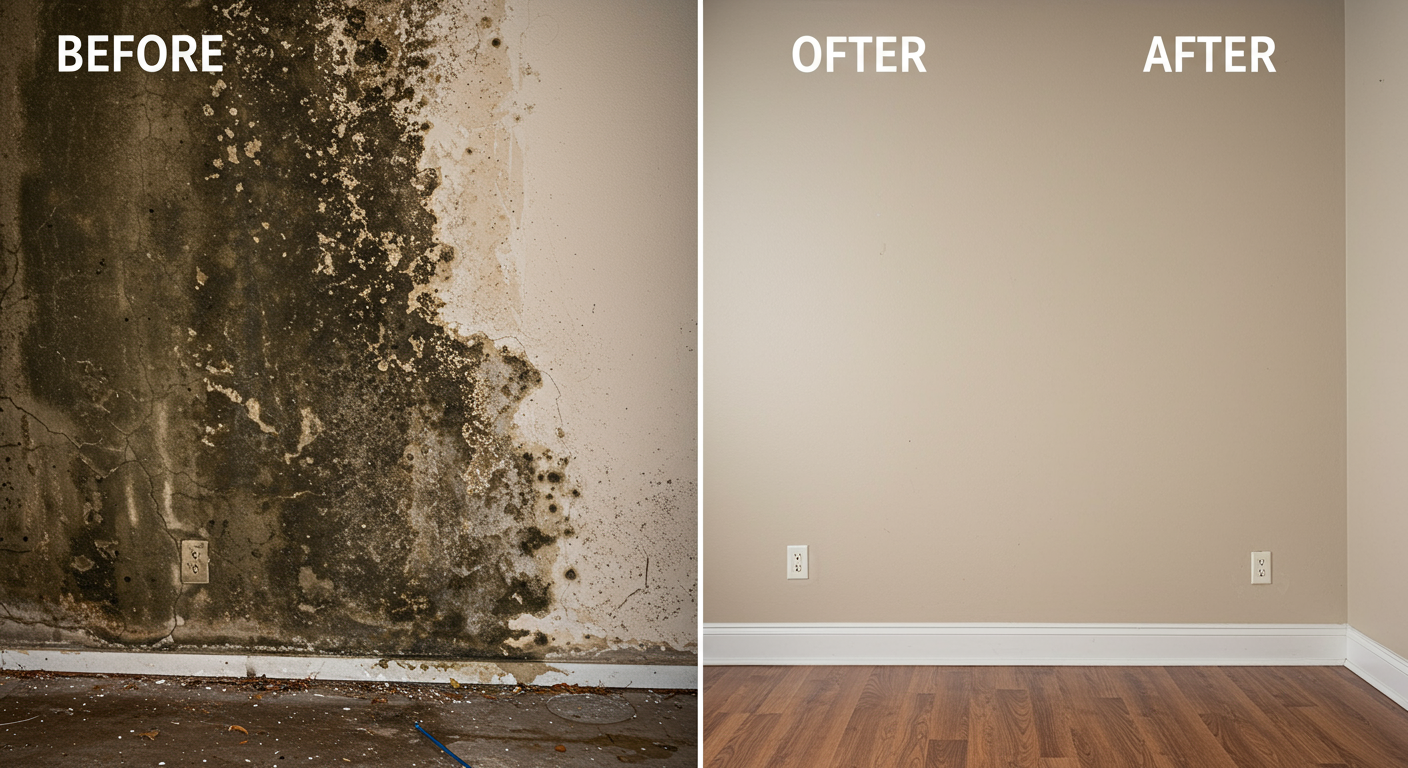 A split-screen image showing a before-and-after comparison of a mold-infested wall. The 'before' side shows dark mold patches and water damage, while the 'after' side displays a clean, freshly repaired wall. The setting is a typical Utah home interior.