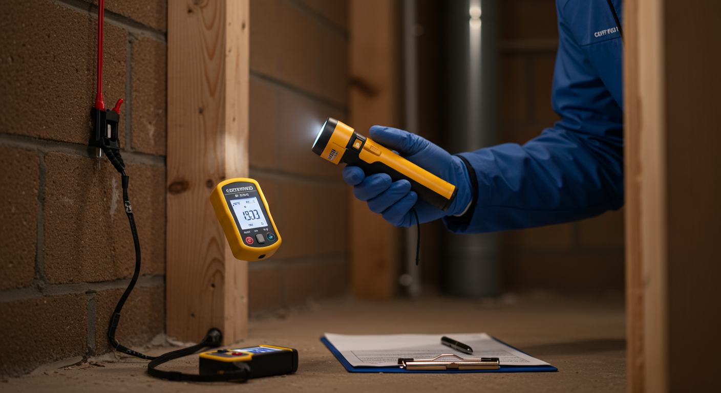A certified mold inspector using a flashlight and moisture meter to examine a damp corner of a basement. The background includes tools like a clipboard and testing equipment.