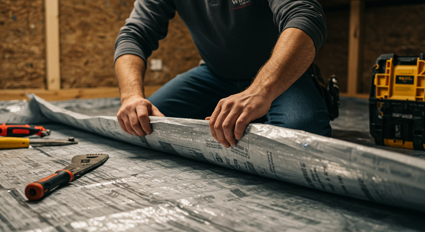 A professional contractor is shown installing a vapor barrier in a crawl space, with tools and materials spread out. The focus is on the contractor's hands as they carefully lay down the barrier.