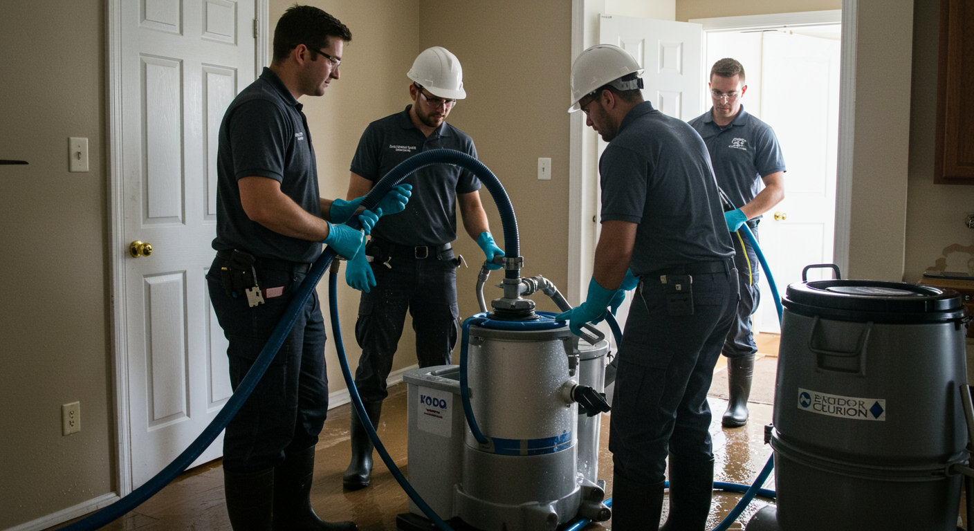 A professional restoration team is actively working in a flooded home, using water extraction equipment.