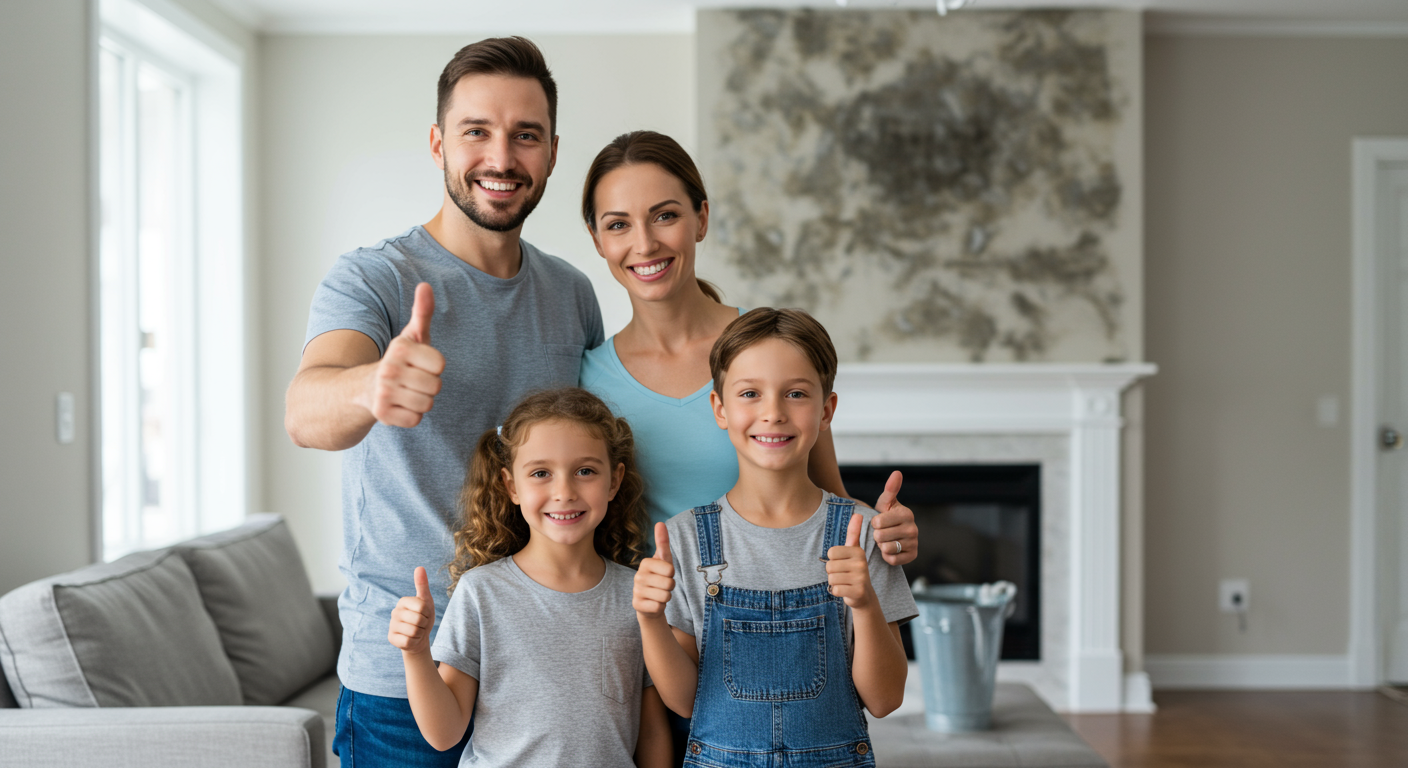A happy family standing in their newly restored living room, smiling and giving a thumbs-up. The background shows a clean and mold-free environment, emphasizing customer satisfaction.