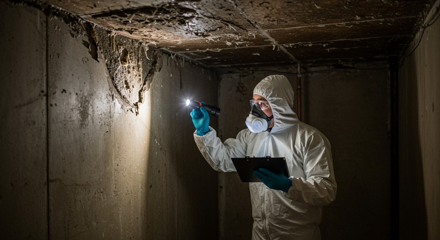 A professional mold inspector in protective gear examining a damp corner of a basement. The inspector is using a flashlight to highlight areas of concern, illustrating the inspection process.