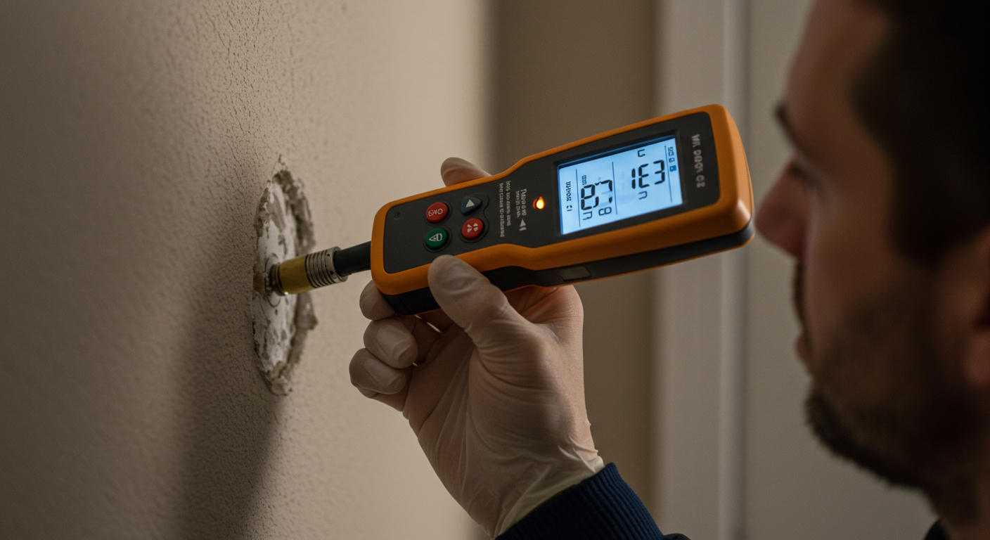 A close-up of a professional mold inspector examining a wall with a moisture meter, highlighting the importance of thorough inspection in the mold mitigation process.