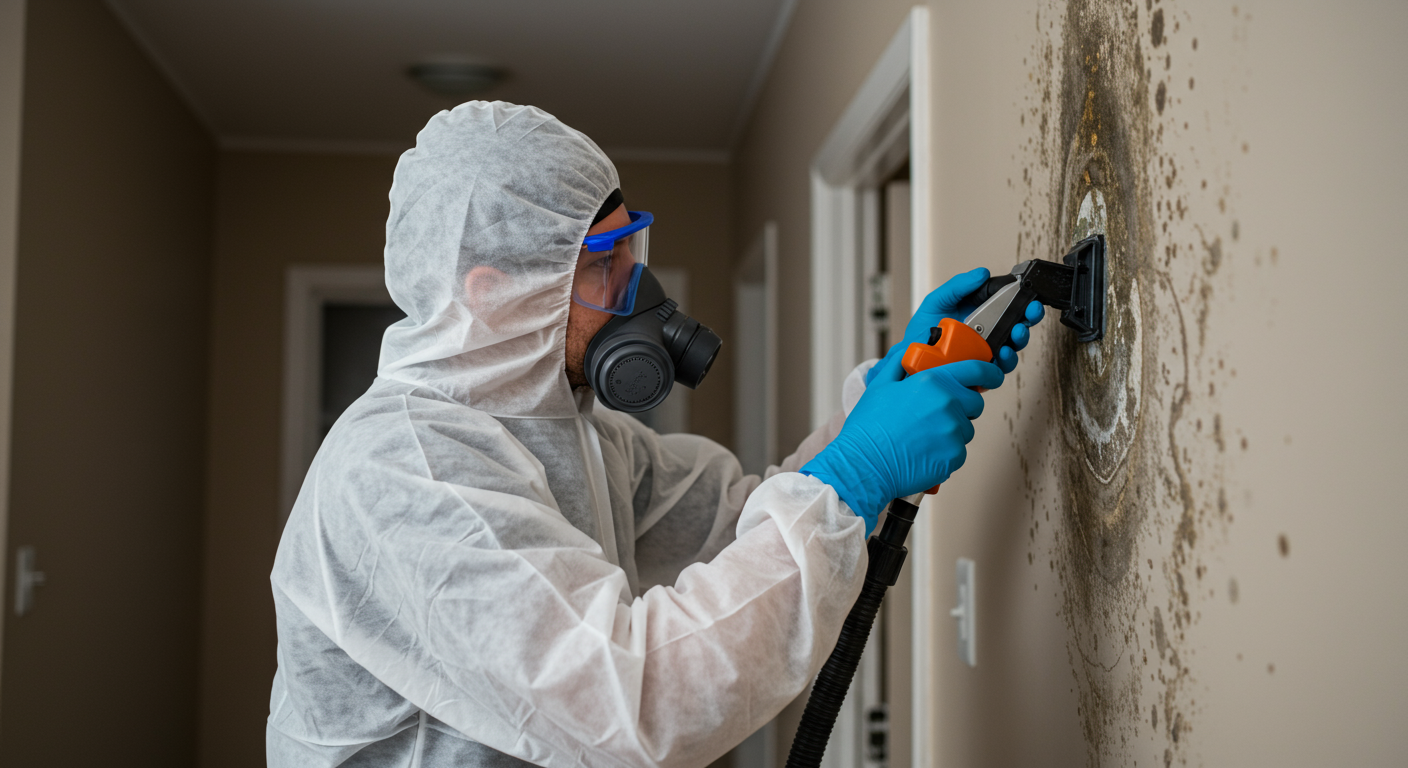 A professional mold remediation technician in protective gear is actively removing mold from a wall in a residential setting.
