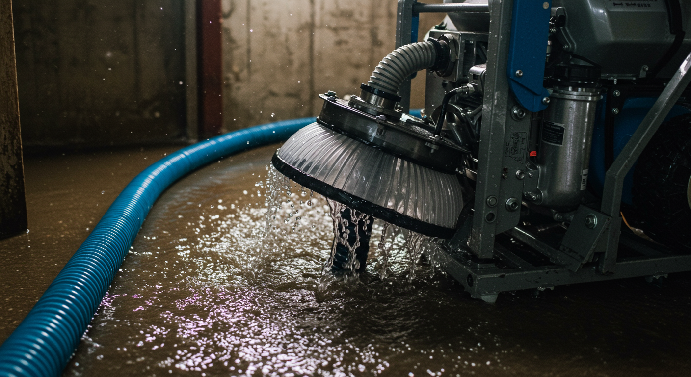 A close-up of a water extraction machine being operated in a flooded basement, with water visibly being sucked into the machine.