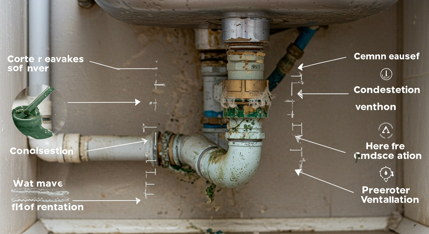A visual representation of common causes of mold, such as water leaks, condensation, and poor ventilation.