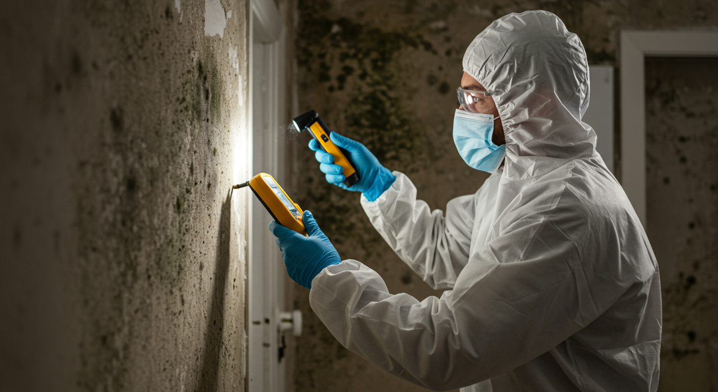 A professional mold remediation expert in protective gear inspecting a mold-affected wall in a residential home. The expert is using advanced tools like a moisture meter and flashlight to detect hidden mold.