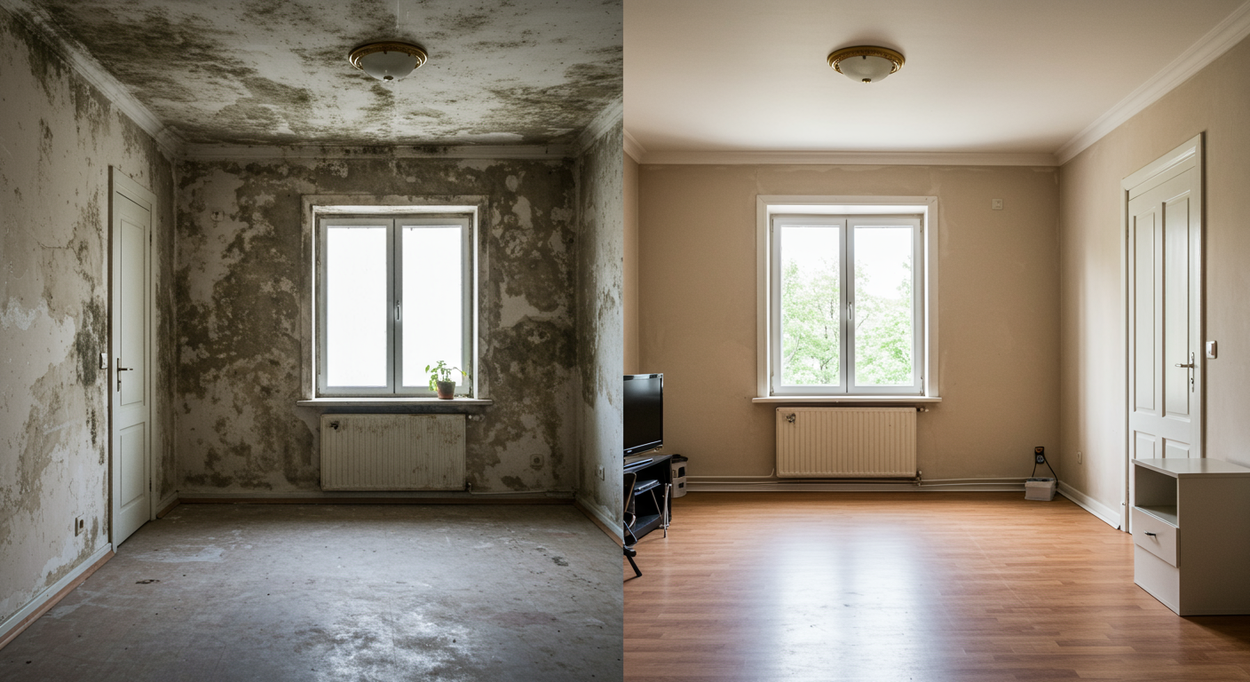 A split image showing a room before mold remediation (with visible mold) and after (clean and restored), emphasizing the transformation.