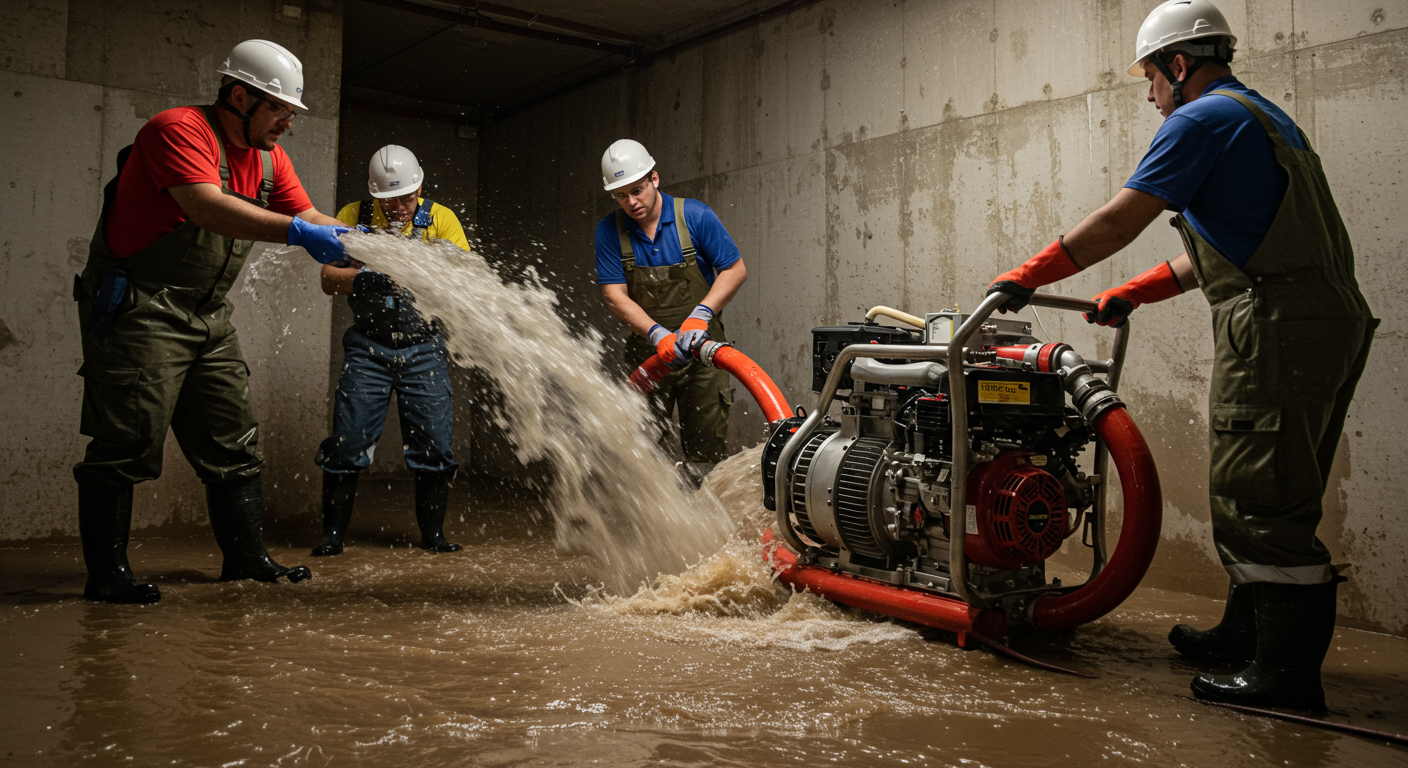 A team of professionals in safety gear actively extracting water from a flooded basement using a powerful pump. The focus is on the teamwork and urgency of the situation.