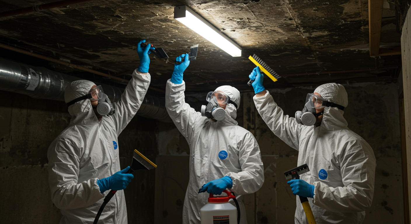 A team of mold removal specialists in protective gear working together to remove mold from a ceiling.