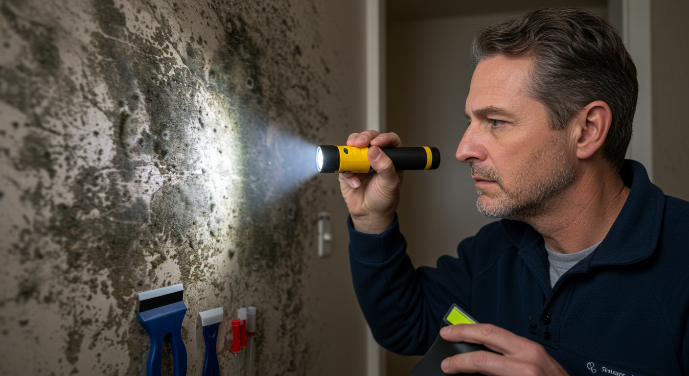 A professional mold inspector examining a wall with visible mold growth, using a flashlight and tools.